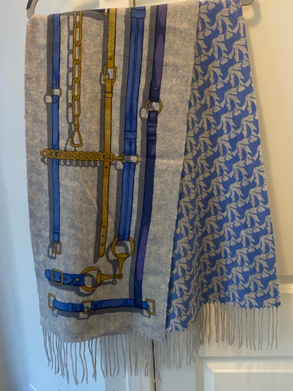 Blue & Gray Belt Print Fringed Scarf